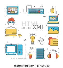 HTML coder icons set. Colorful HTML line icons. Vector illustrations for business, corporate design, computer store.