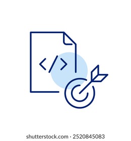Archivo Html y flecha golpeando el objetivo. Desarrollo de Web focalizado, Diseño web focalizado. Utilizar objetivos claros u objetivos de usuario. Icono de Vector perfecto de píxeles