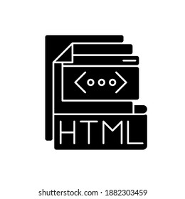HTML file black glyph icon. Hyper text markup language. Htm file extension. Browser instructions. Text file with small markup tags. Silhouette symbol on white space. Vector isolated illustration