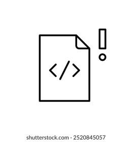 Archivo HTML y signo de exclamación. Alerta crítica, posibles problemas o advertencias en el código de Web. Icono de trazo perfecto y editable del píxel
