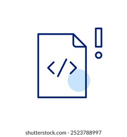 Archivo HTML y signo de exclamación. Alerta crítica, posibles problemas o advertencias en el código de Web. Icono de Vector perfecto de píxeles