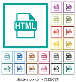HTML file format flat color icons with quadrant frames on white background