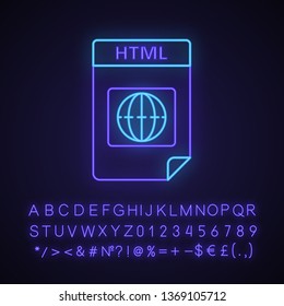 HTML file format neon light icon. Hypertext markup language. Saved web page file. Glowing sign with alphabet, numbers and symbols. Vector isolated illustration