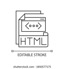 HTML file pixel perfect linear icon. Hyper text markup language. Htm file extension. Thin line customizable illustration. Contour symbol. Vector isolated outline drawing. Editable stroke