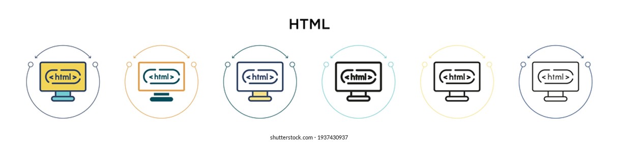 Html icon in filled, thin line, outline and stroke style. Vector illustration of two colored and black html vector icons designs can be used for mobile, ui, web