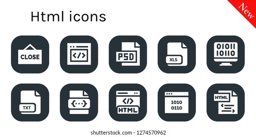  html icon set. 10 filled html icons. Simple modern icons about  - Close, Html, Psd, Xls, Binary code, Txt, Css