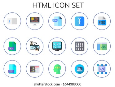 html icon set. 15 flat html icons. Included type, xls, coding, psd, binary code, typing, txt, programming icons