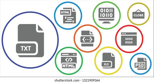 html icon set. 9 filled html icons.  Collection Of - Txt, Html, Binary code, Xls, Css, Close, Psd