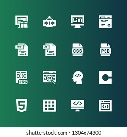html icon set. Collection of 16 filled html icons included Css, Coding, Code, Html, Psd, Js, Php, Close