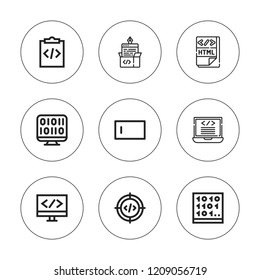 Html icon set. collection of 9 outline html icons with code, coding, binary code, html, programming icons. editable icons.