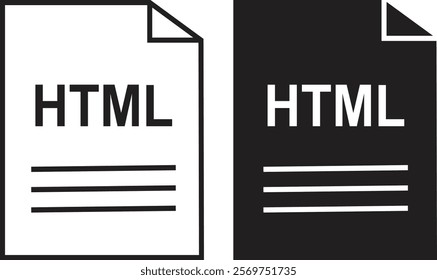 HTML icon set. HTML file type symbol. File HTML format icon in black filled and outlined style isolated on transparent background. Ideal for technology or data related content, vector illustration.