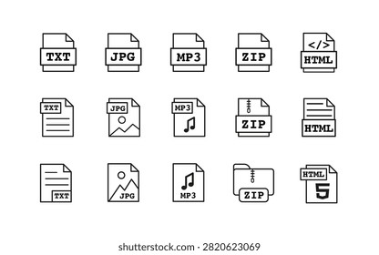 HTML, JPG, TXT, ZIP, and MP3 file extension outline icons set for web, media, text, archive, and audio content. Minimal vector line symbols for files, formats, and data in digital technology projects.
