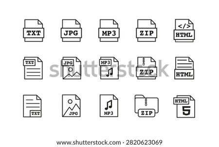 HTML, JPG, TXT, ZIP, and MP3 file extension outline icons set for web, media, text, archive, and audio content. Minimal vector line symbols for files, formats, and data in digital technology projects.
