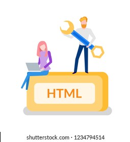 HTML programming man developer with tool instrument for optimization vector. Woman working on laptop, development of web code services and web sites