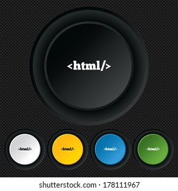 HTML sign icon. Markup language symbol. Round colourful buttons on black texture. Vector