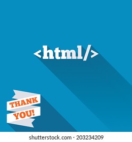 HTML sign icon. Markup language symbol. White flat icon with long shadow. Paper ribbon label with Thank you text. Vector