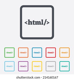 HTML sign icon. Markup language symbol. Round squares buttons with frame. Vector