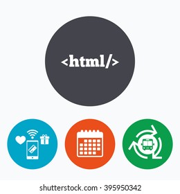 HTML sign icon. Markup language symbol. Mobile payments, calendar and wifi icons. Bus shuttle.