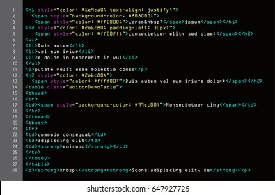 HTML Simple Code Vector. Colorful Abstract Program Tags In Developer View. Screen Of Colored Lighted Syntax Of Source Code Script. Black Background.