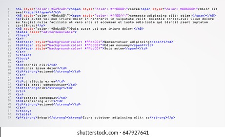 HTML Simple Website Code Vector. Farbige Tags in der Entwickleransicht. Weißer Hintergrund. Zufallsteile des Programmcodes.