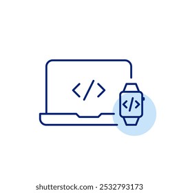 HTML symbols on laptop and smart watch. Cross-platform web design, responsive coding and web development. Pixel perfect vector icon