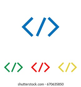 HTML tag illustration. Vector. Big blue flat icon with red, green and yellow small icons at white background. Isolated.