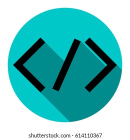 HTML tag illustration. Vector. Flat black icon with flat shadow on royal yellow circle with white background. Isolated.