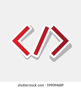 HTML tag illustration. Vector. New year reddish icon with outside stroke and gray shadow on light gray background.