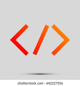 HTML tag illustration. Vector. Orange, red-yellow icon with shadow on gray background.