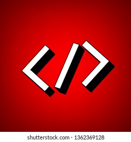 HTML tag illustration. Vector. Perspective view of white icon with black outline at reddish background.
