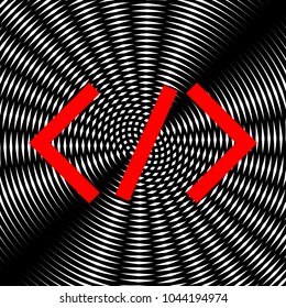 HTML tag illustration. Vector. Red icon on white and black radial interference as background.