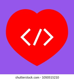 HTML tag illustration. Vector. White icon in red heart at lavender background.