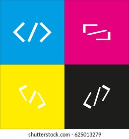 HTML tag illustration. Vector. White icon with isometric projections on cyan, magenta, yellow and black backgrounds.