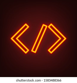 HTML tag illustration. Yellow, orange, red neon icon at dark reddish background. Illumination. Illustration.