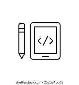 Símbolo de codificação na Web em HTML, no lápis e no tablet eletrônico. Desenvolvimento web portátil, otimizado para plataformas móveis. Pixel perfeito, ícone de traçado editável