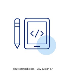 Símbolo de codificação na Web em HTML, no lápis e no tablet eletrônico. Desenvolvimento web portátil, otimizado para plataformas móveis. Ícone de vetor perfeito de pixel