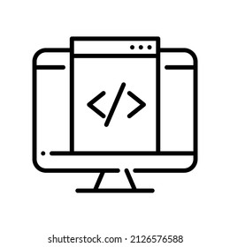 Html web page coding on computer monitor. Pixel perfect, editable stroke icon