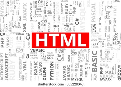 HTML word in tag cloud, Web development concept, Vector graphics
