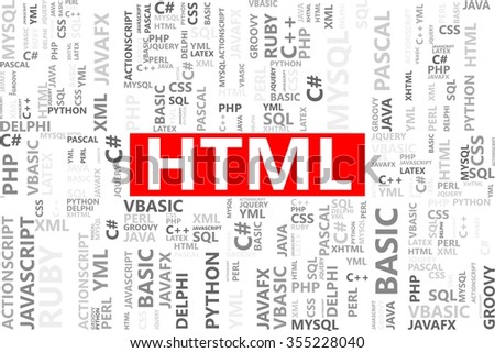 HTML word in tag cloud, Web development concept, Vector graphics