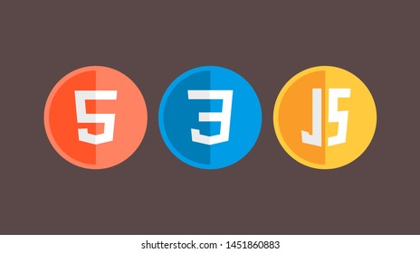 HTML5 CSS3 JS icon set. Web development logo icon set of html, css and javascript, programming symbol.