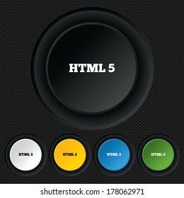 HTML5 sign icon. New Markup language symbol. Round colourful buttons on black texture. Vector