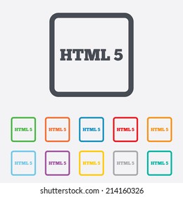 HTML5 sign icon. New Markup language symbol. Round squares buttons with frame. Vector