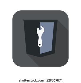html5 styled web icon dark blue shield with tool silhouette isolated button