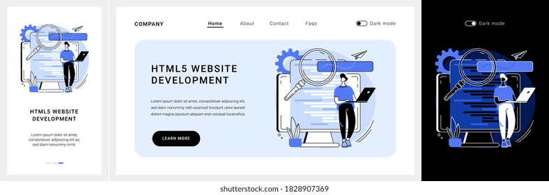 HTML5 website development website UI kit. HTML5 development, website design element, menu bar, responsive landing page, user experience landing and mobile app vector UI template.