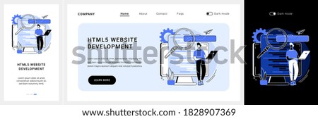 HTML5 website development website UI kit. HTML5 development, website design element, menu bar, responsive landing page, user experience landing and mobile app vector UI template.