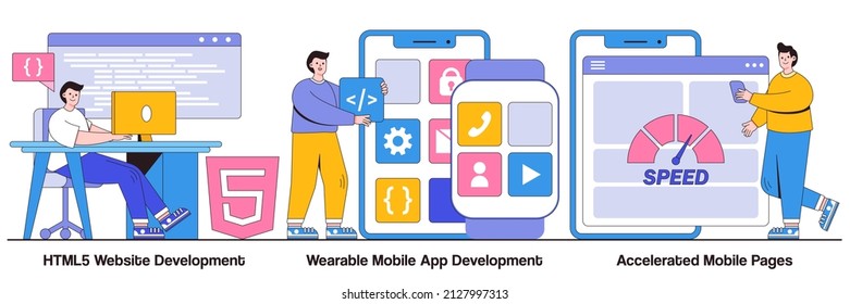 HTML5 website development, wearable mobile app, accelerated mobile pages concept with people characters. Software and frontend development vector illustration pack. Responsive landing design metaphor.