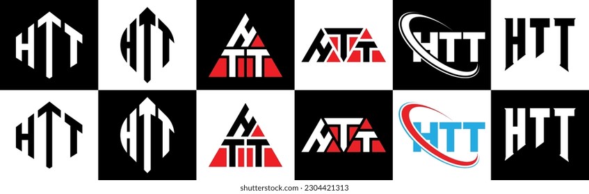 HTT letter logo design in six style. HTT polygon, circle, triangle, hexagon, flat and simple style with black and white color variation letter logo set in one artboard. HTT minimalist and classic logo