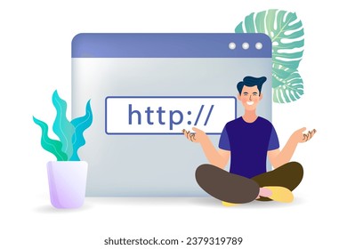 HTTP data web page. Web browser, internet communication protocol. hyperlink website worldwide, Hypertext Transfer Protocol. Navigation and search. Modern flat cartoon style. Vector illustration.