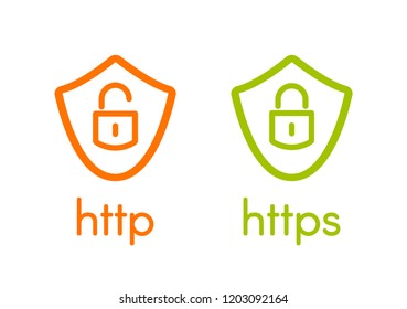 Http and https on shields linear vector illustration on white background. Web browser protocols isolated logos