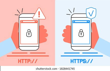 HTTP and HTTPS protocols difference concept vector. Cyber safe, security for website, app are shown. Lock is opened and closed on screenshots illustration in flat style.